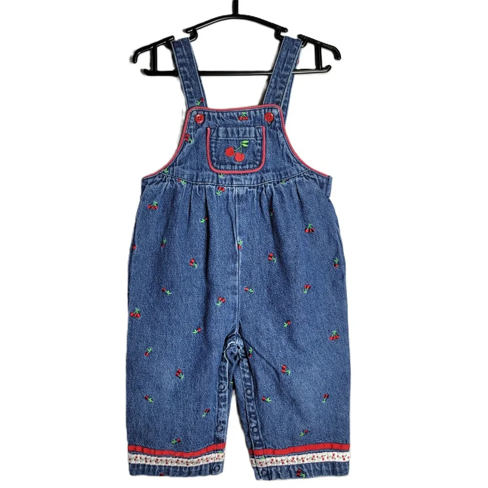 Vintage Gymboree Kids Denim Cherry Embroidered Overalls 6-12 Months Girls‎ Y2K